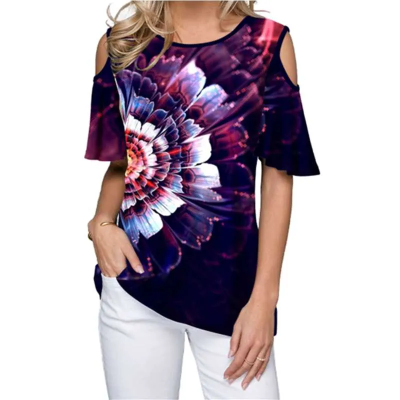 Dames t shirts mode 3D bloemenprint t -shirts vrouwen korte mouw 2023 zomer off de schouder casual top tees vrouwelijk femme