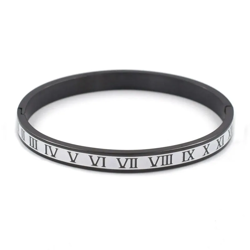 Vintage Women Roman Letter Bangle Bracelet Black Gold Numeral Color Cuff Bangles Stainless Steel Jewelry