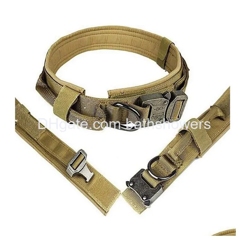 Colarinho de cachorro colareshes nylon tático ajustável k9 cães militares colarinho pesado de metal pesado com alça ranger greenm gota dell dhezn