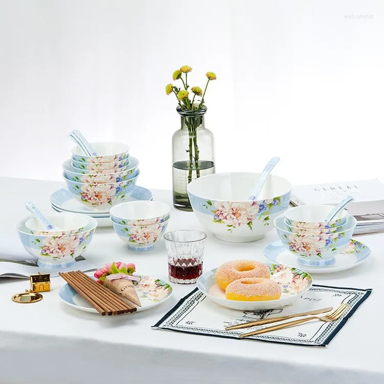 Ensembles de vaisselle 28 pièces ensemble os chine coréen bleu Floral Vintage céramique japonais Bento boîtes assiette bol accessoires de cuisine