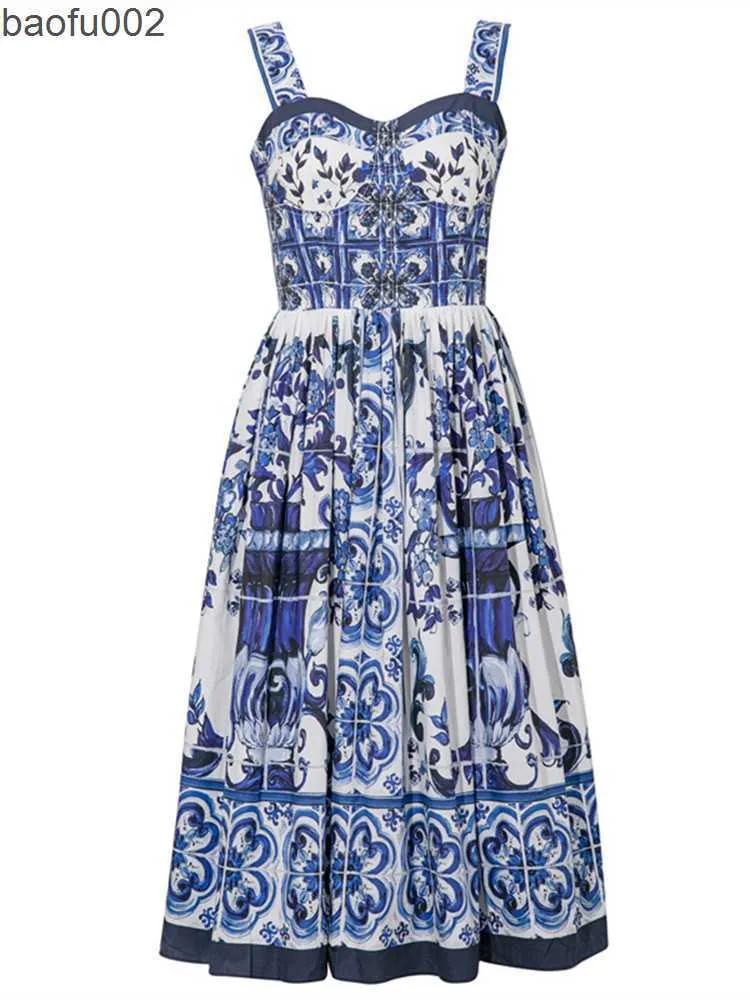 Casual Dresses Summer Hoiday Blue and White Porslin Flower Printing Cotton Dress Women Spaghetti Strap Zipper Elastic Backless Midi Vestidos W0315