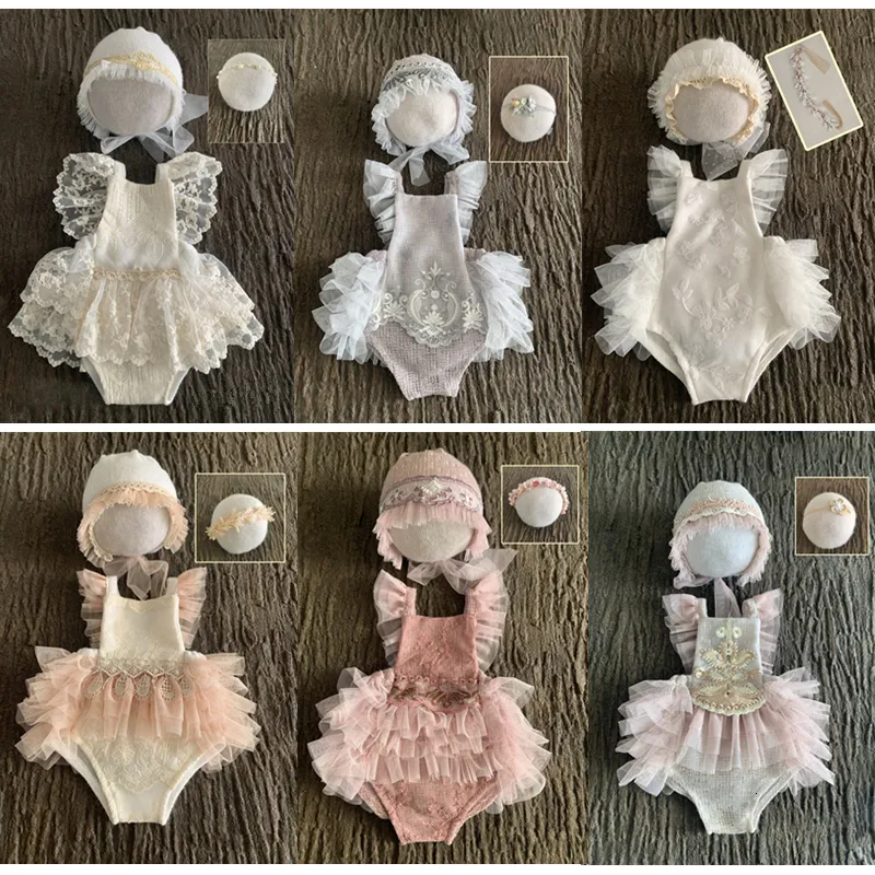 Keepsakes Baby born Pography Props Girl Lace Princess Dress Outfit Romper Pography Clothing Headband Hat Accessories 230314