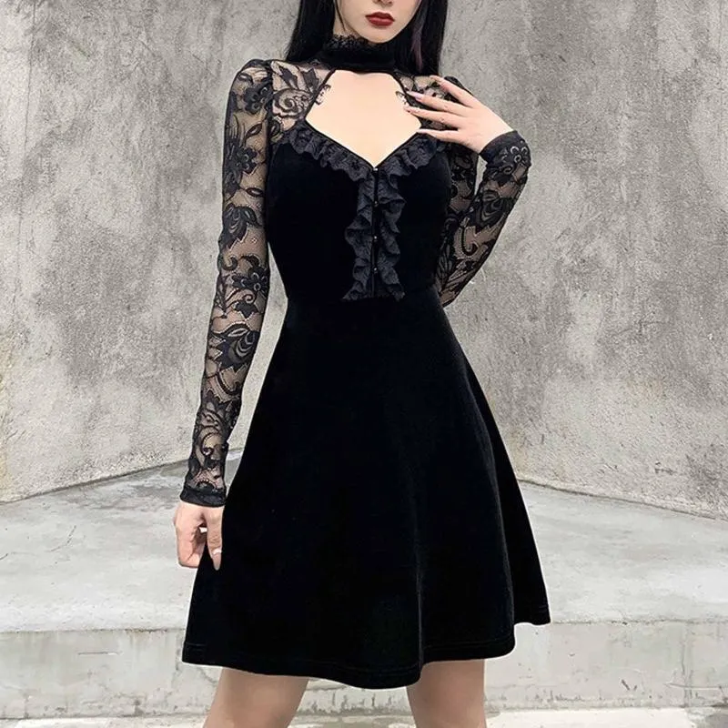 Gunluk elbiseler seksi kad nlar gotik elbise uzun kollu perspektif ici bo dantel siyah patchwork punk ak am partisi mini femme robe g3