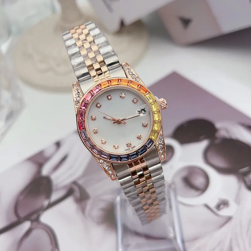 Relógio feminino de luxo com strass, diamante, ouro, relógios femininos, relógios de pulso de marca superior, pulseira de aço inoxidável 31 mm à prova d'água para mulheres, presente de dia dos namorados