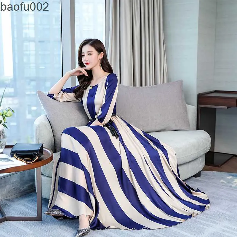 Casual Dresses Ladies Blue Striped Dress 2021 Spring and Autumn New Temperament Chiffon Beach Long Dress Women's Summer W0315