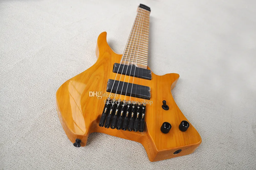 Factory Custom 8 Strings yellow Headless Electric Guitar with Fanned Maple Fretboard Ash body Black Hardwares Offer Customized