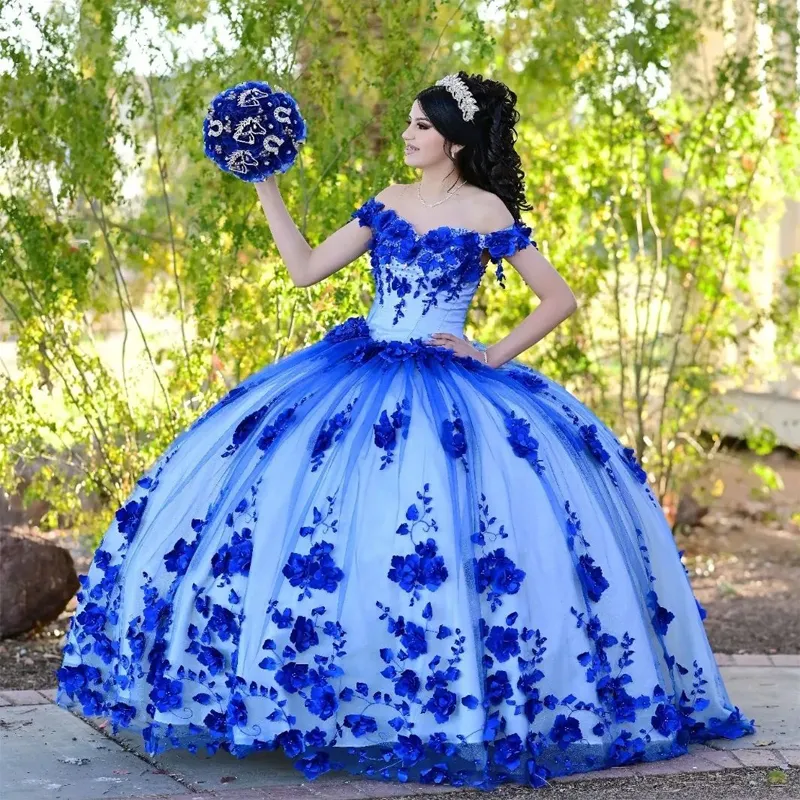 Blå quinceanera klänningar älskling bollklänning vestidos de 15 anos mode 3d blommor tyll söt 16 prinsessan fest klänning