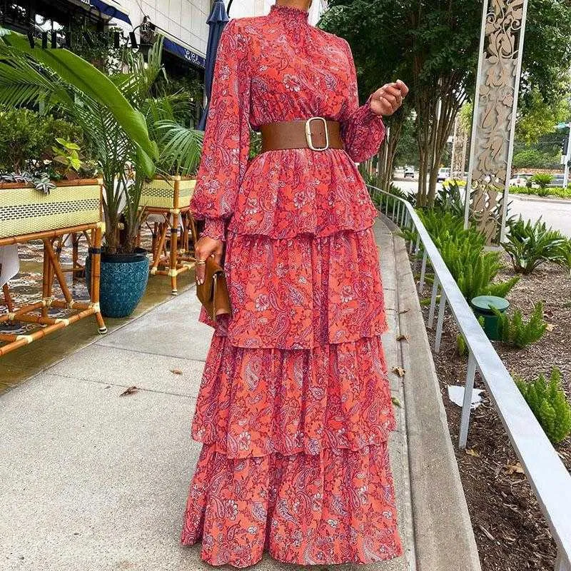 Casual klänningar 2022 Kvinnor Floral Tryckt Lykta långärmad sundress Kvinna Vintage Cake Loose Beach Dress Elegant Cascading Ruffles Cover-Ups W0315