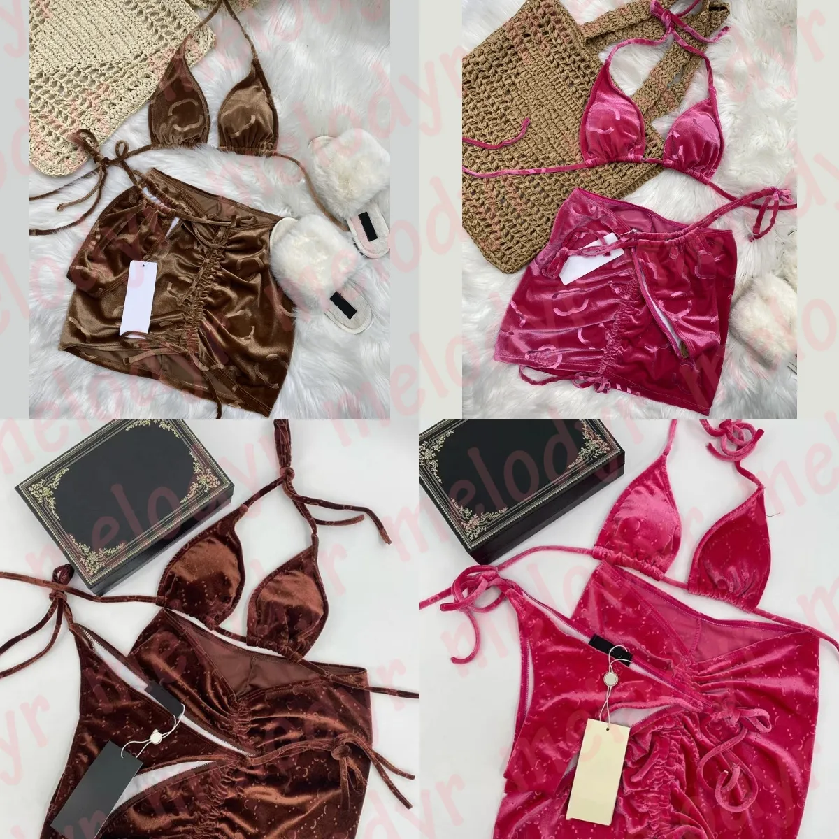 Mulheres Velvet Swimwear Summer Summer Bikinis Fashion Letter Print Swimsuit 3pcs Conjunto Ladies Swimdress