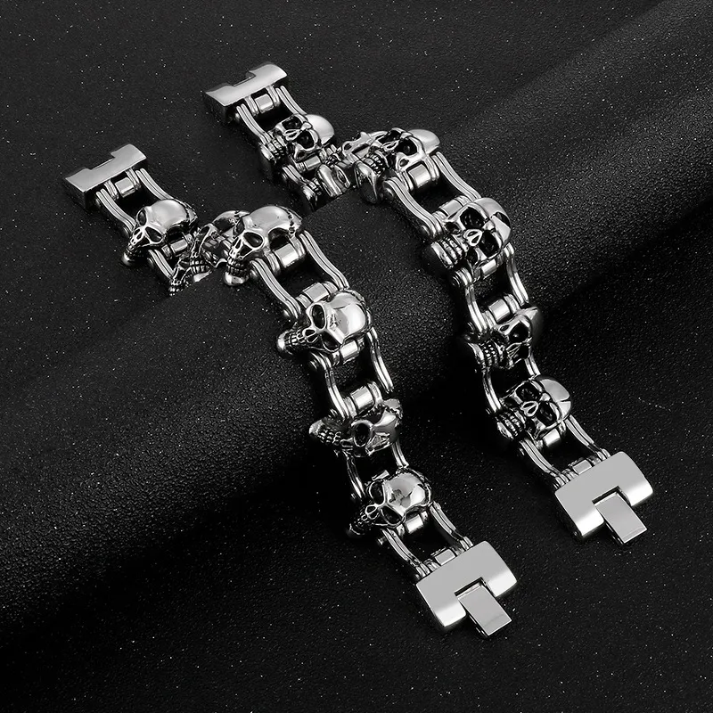 23MM Punk Retro Black Skull Link Bracelet Bangle Men Hiphop Heavy Stainless Steel Motorycle Bicycle Bike Chain Bracelets Jewelry Wristband