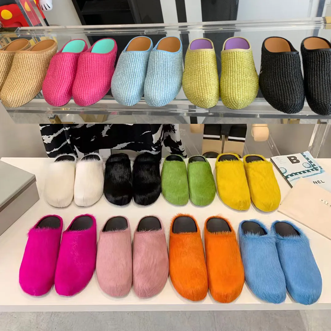 2023 Pferd Fell Hausschuhe Frauen Luxus Marke Designer Schuhe Runde Kappe Damen Rutschen Rosshaar Top Qualität Outdoor Fabrik Schuhe Plus größe 35-46 Männer Slipper