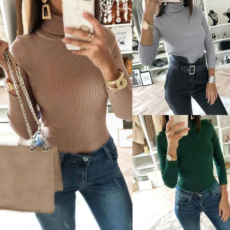 Camisolas femininas Heflashor Mulheres Mulheres Turtleneck Manga Longa Slim Bodysuit Autumn Inverno Pullover estendido Solidário malha feminina