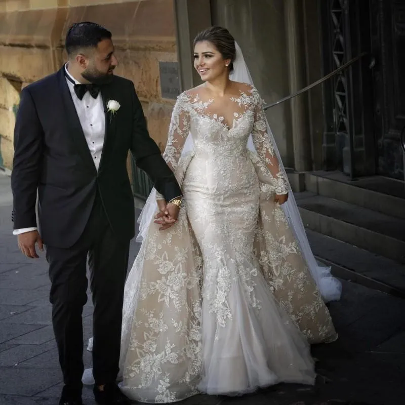 Luxe kant zeemeermin trouwjurken met afneembare trein lange mouwen Arabische vintage koninklijke bruidsjurken pure juweel nek beige vestido de novia