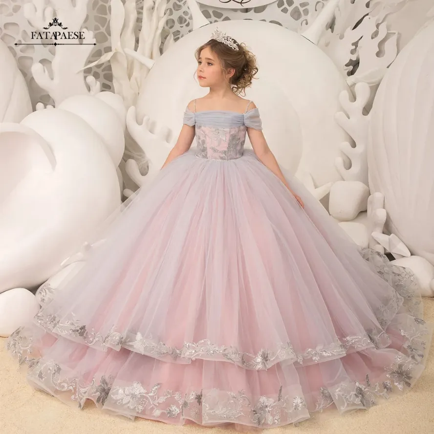 2023 Tulle robe de bal enfant en bas âge robes de fille de fleur en couches volants passepoil violet petit Glitz filles robe de concours BC14832 E0316