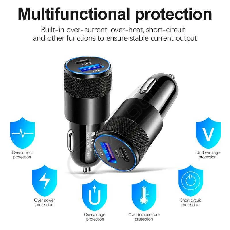 USB Quick Car  15W 3.1A Type C PD Fast Charging Phone Car Adapter For iPhone 13 12 11 Pro Max Xiaomi Samsung Honor