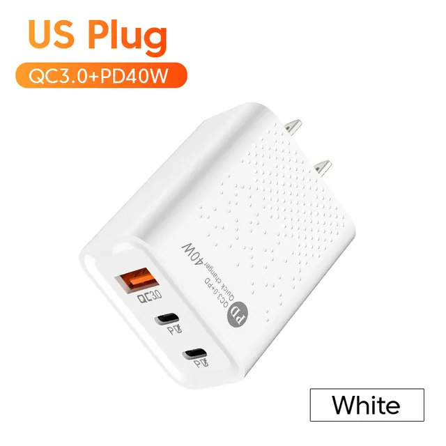 40W Carregamento rápido PD Carregamento rápido USB QC3.0 Vústeros 3 portas Tipo C Adaptador de telefone celular Plug Plug para telefone celular