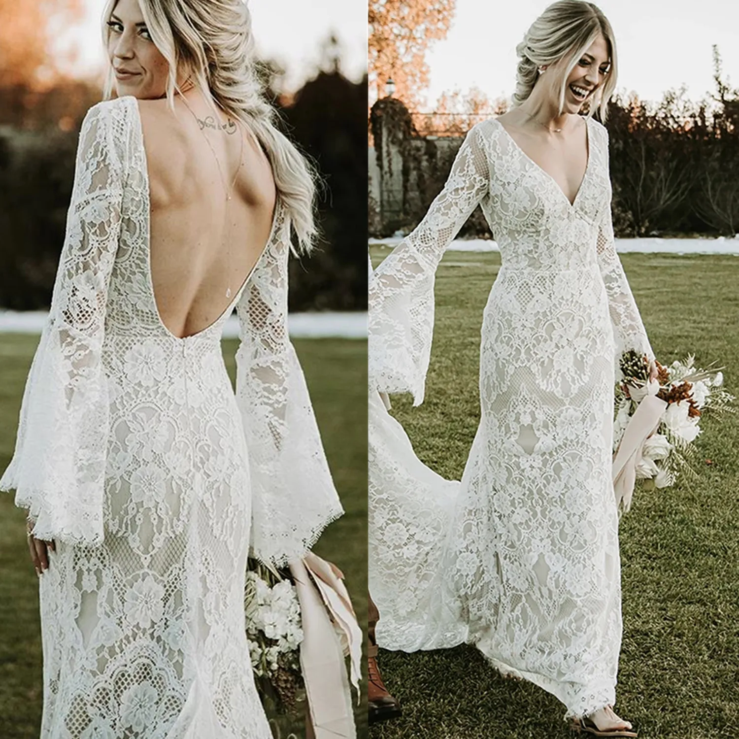 Custom-made Vintage Lace Mermaid Boho Lace wedding dress with Long Sleeves, V-Neck, and Open Back - Rustic Boho Bridal Gown with Court Train