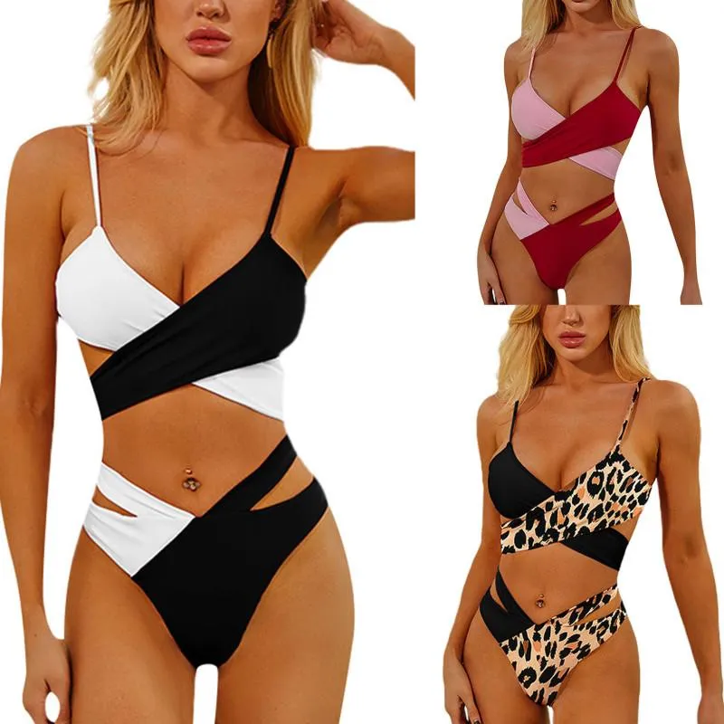 Costumi da bagno da donna 2 pezzi Costumi da bagno a blocchi di colore da donna Cinturino per spaghetti regolabile Reggiseno con allacciatura incrociata Scava fuori Perizoma Abbigliamento da spiaggia