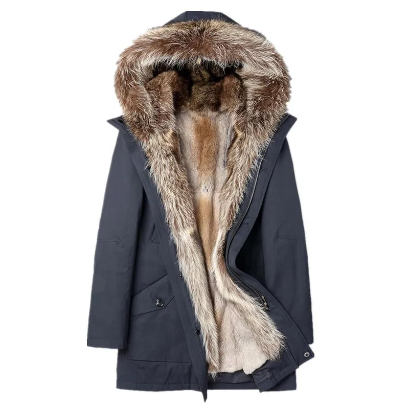 Men's Leather & Faux Real Fur Coat Natural Liner Parka Winter Jacket Men Raccoon Collar Warm Parkas Plus Size F-NX-1787 MY1783