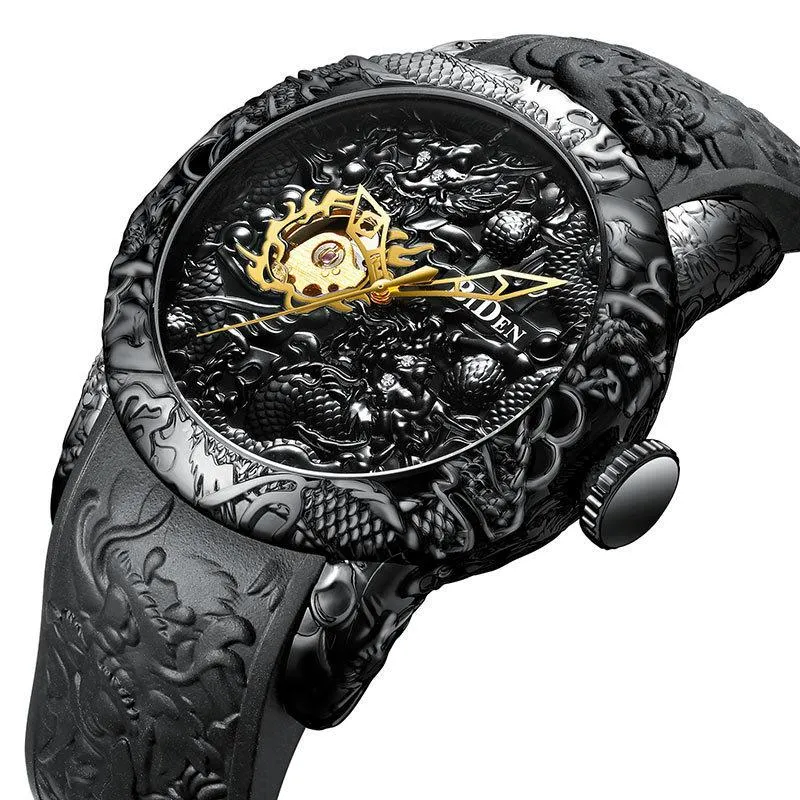 Orologio Automatico Uomo Con Drago 3D - Quadrone 50mm, Gomma, Impermeabile 30m, Sportivo E Fashion