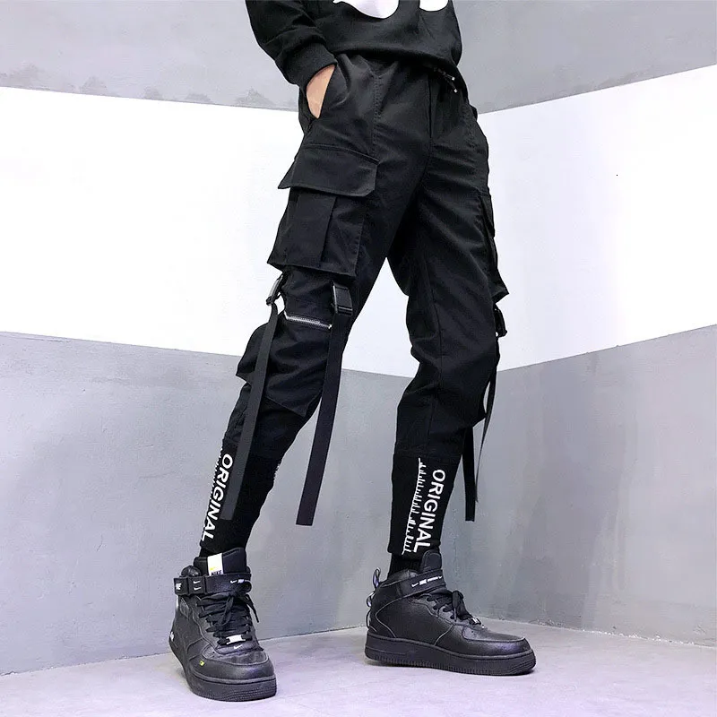 Mäns byxor Godlikeu Black Streetwear Ribbons Pockets Herem Pants Men Casual Cargo Sweatpants Manliga joggar Pantalon Homme 230316