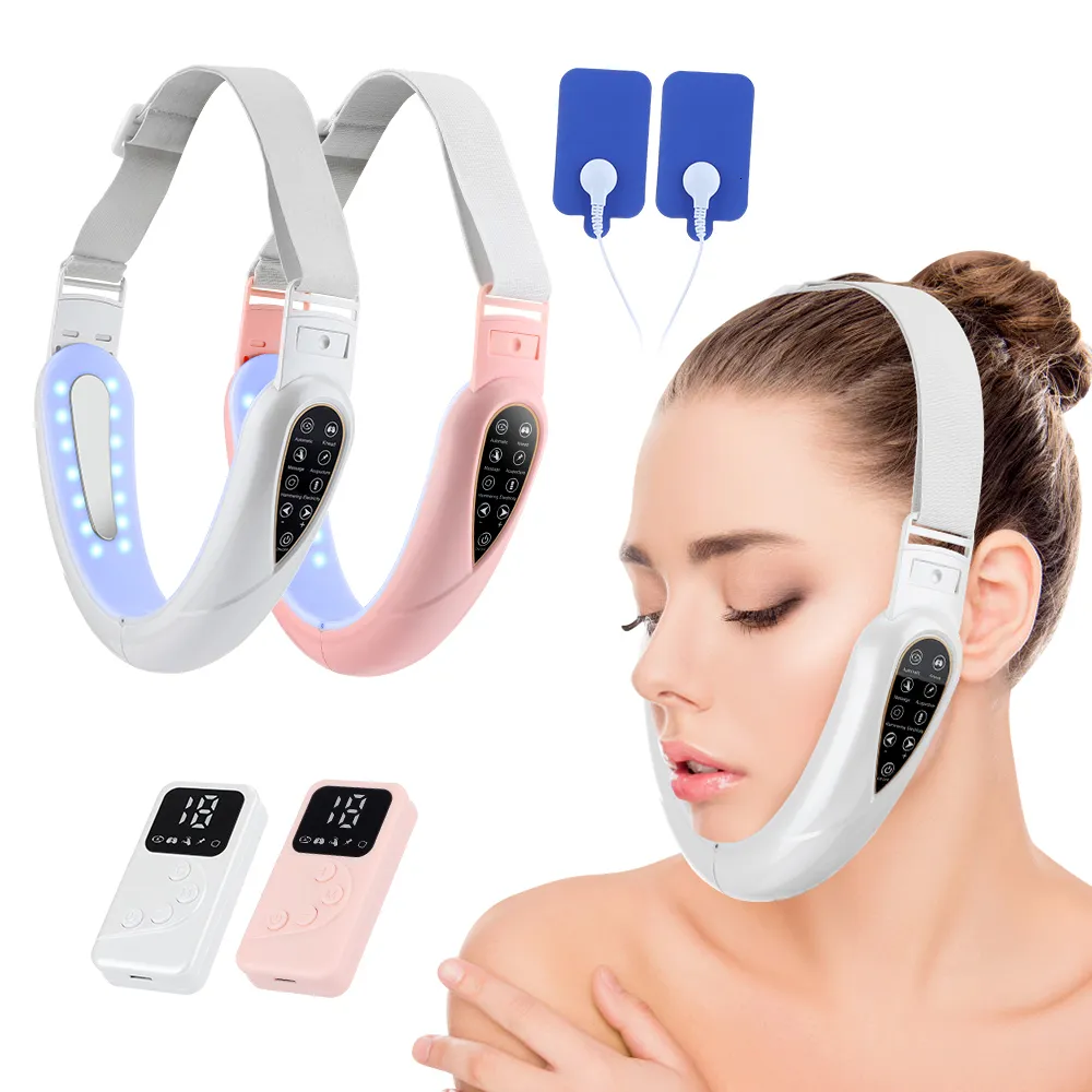 Face Massager EMS Lifting Device LED Pon Therapy Face Slimming TENS Pulse Massager Remove Double Chin V-Face Shaped Cheek Lift Belt 230314