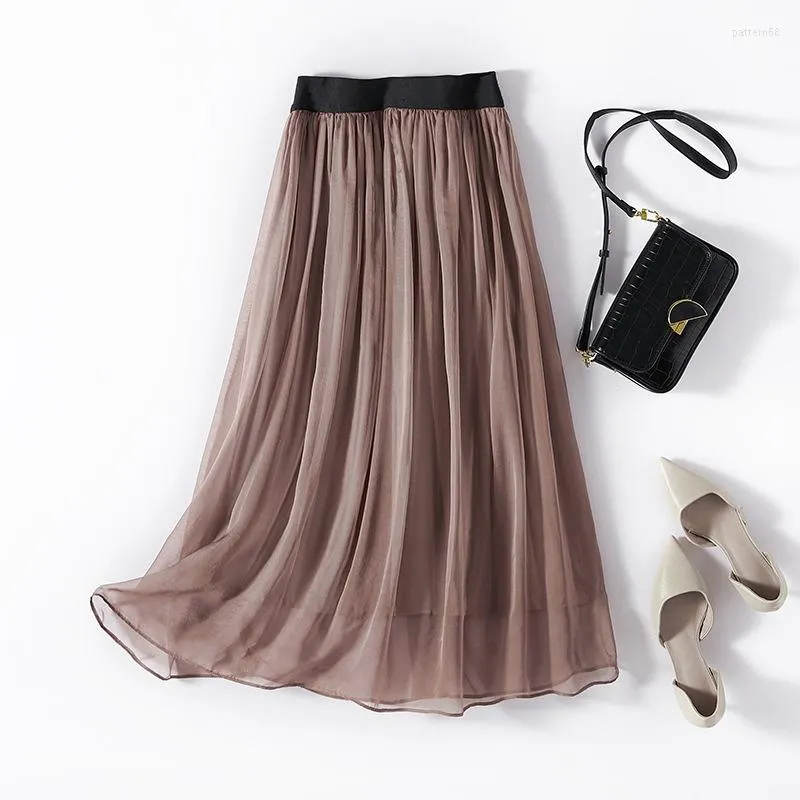 Skirts Long For Women Clothing Korean Fashion Red Pleated Skirt Summer High Waist Mulberry Silk Jupe Longue Femme Zm