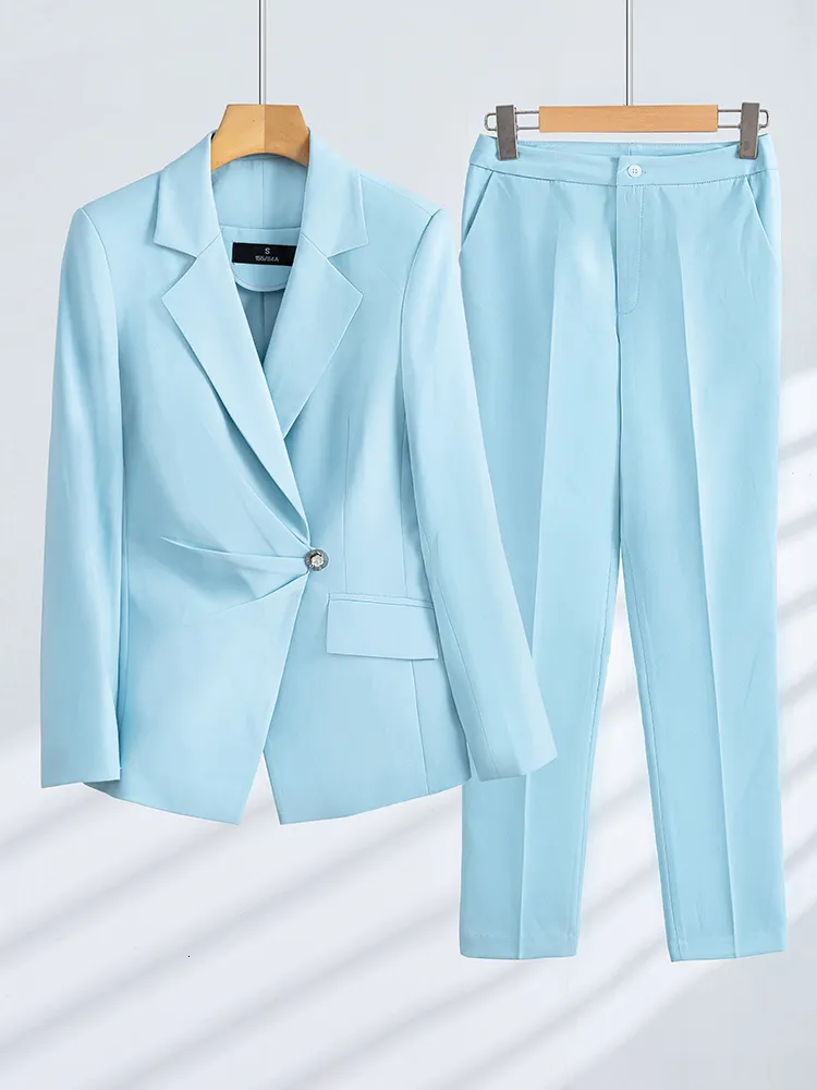 Kadınlar Suits Blazers Kadınlar Formal Pantolon Takım 2 Parça Set Mavi Black Beyaz Ofis Bayanlar İş İş Giyim Giyim Blazer ve Pantolon 230316