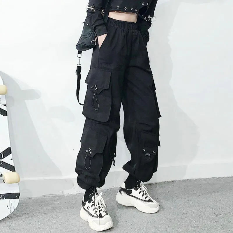 Pantalons pour femmes Capris Harajuku noir Streetwear femmes décontracté Punk Harem avec poches femme pantalons longs ruban dames