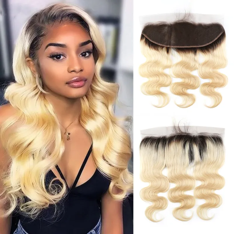 Deal Peruaanse blonde ombre menselijk haar frontale donkere wortels 1B/613 blonde twee tonen 13x4 rechte kant frontals sluiting grastremy body wave