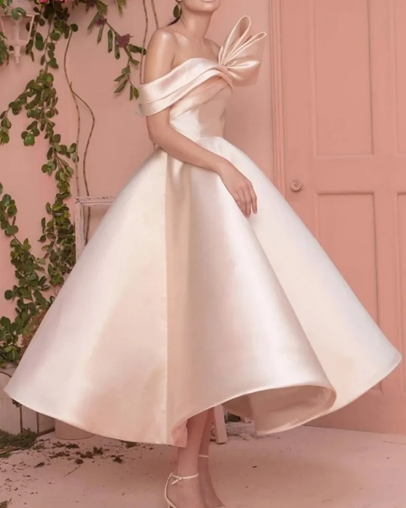 Elegant Light Pink Evening Dress One Shoulder Satin Engagement Formal Occasion Prom Party Gowns Big Bow Ankle Length Robe de Soiree 2023