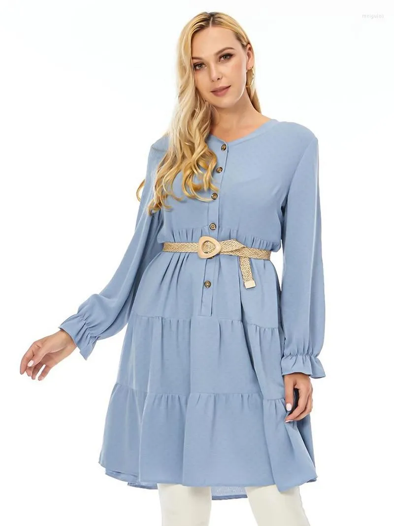 Vêtements ethniques bohème boutonné col en V à manches longues Mini robe 2023 élégant solide ample décontracté haut pour femme 3XL noir bleu clair