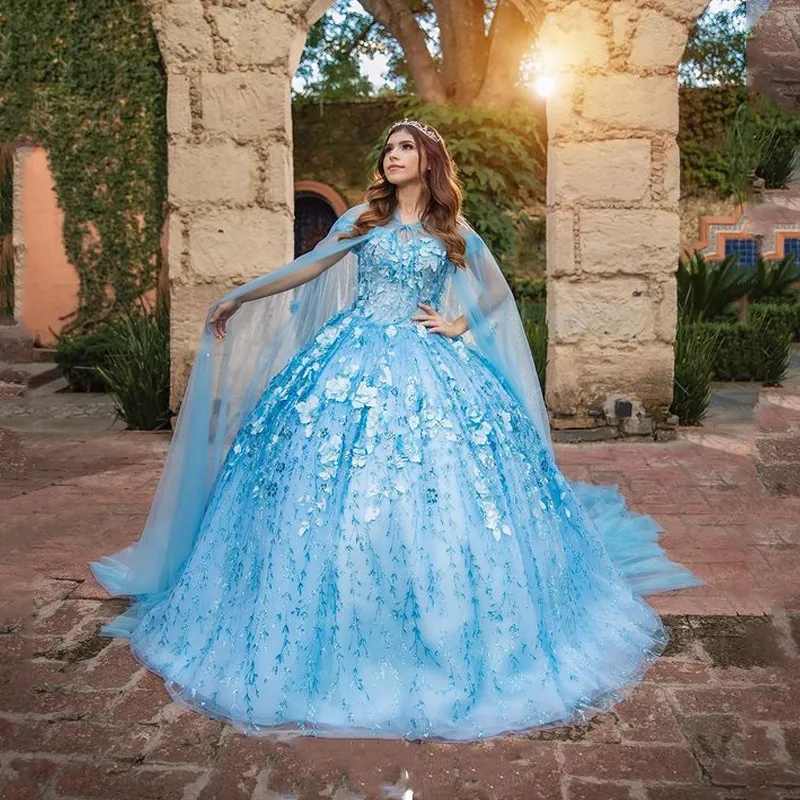 Sky Blue Mexican Quinceanera Dresses Vestido de 15 Anos Charro With Cloak Lace Applqiued 3D Flower Corset Sweet 16 Dress