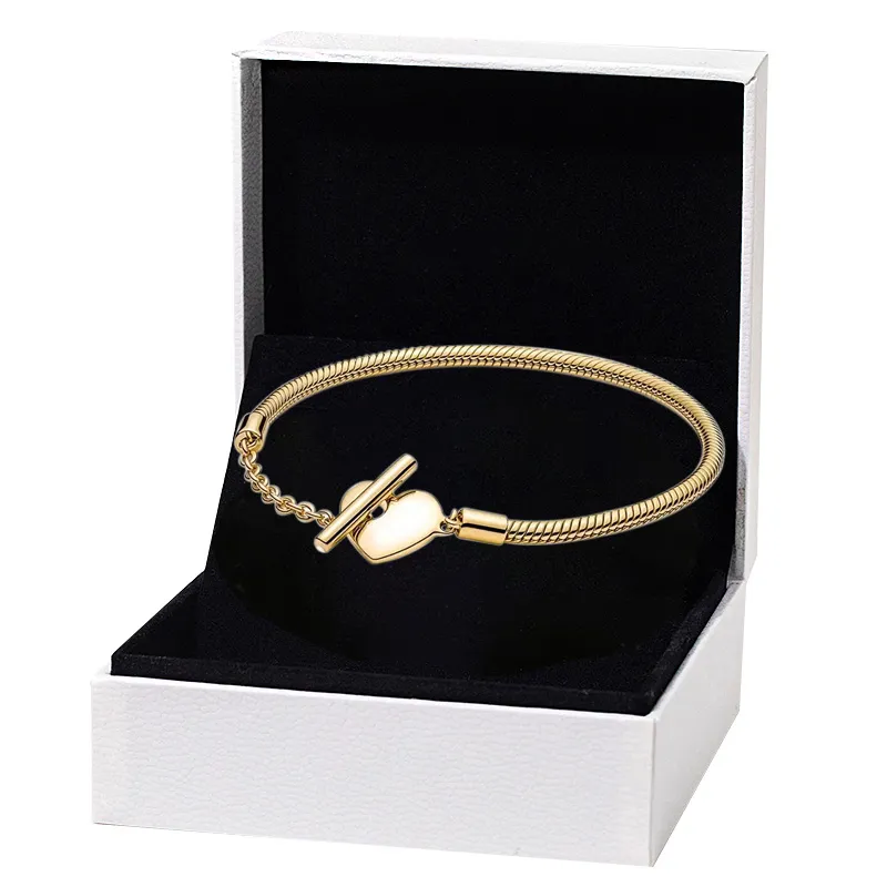 سوار بسلسلة على شكل قلب على شكل T ومطلي بالذهب من أجل Pandora Real Silver Wedding Designer Jewelry for Women Girlfriend Gift Hand Chain Love Bracelets with Original Box