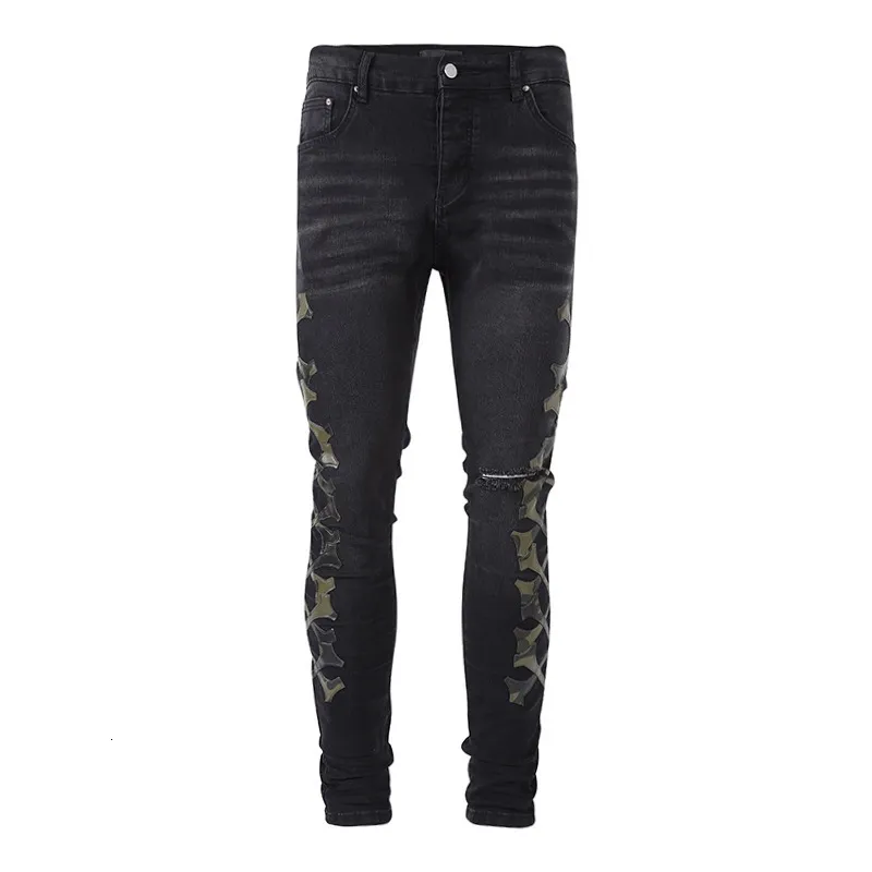 Men's Jeans style design black series ripped printed jeans with hole for men and women spring and summer high street patch denim pants 230316