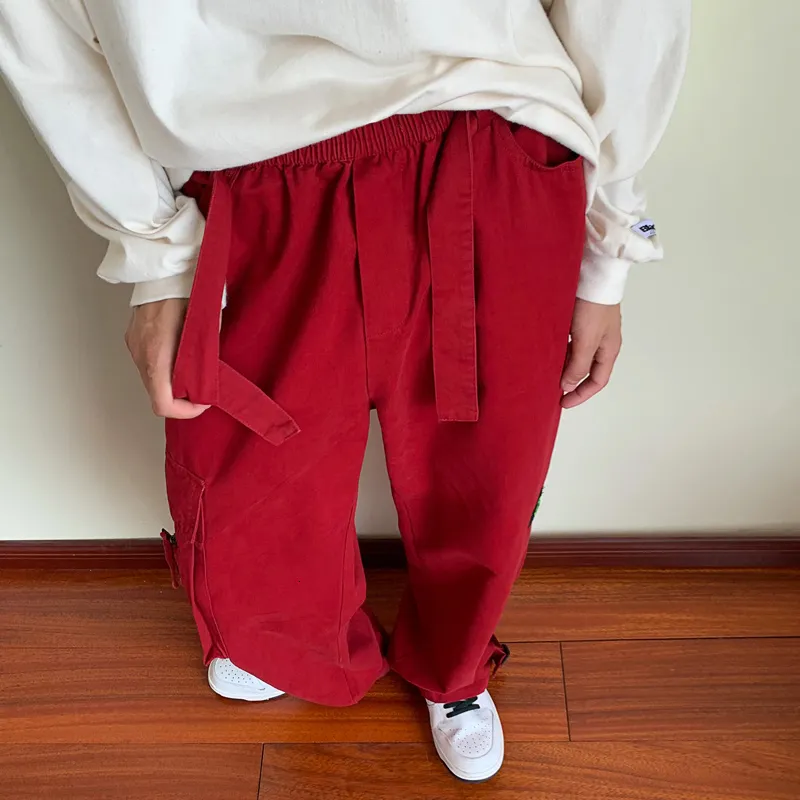 Japanese Streetwear Mens Cargo Pants Red And Black Cotton