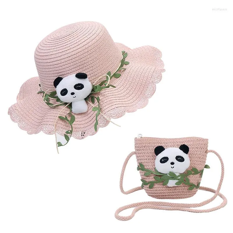 Wide Brim Hats Summer Child Cute Panda Leaf Straw Beach Hat Shoulder Bag Set Outdoor Shade Sunscreen Breathable