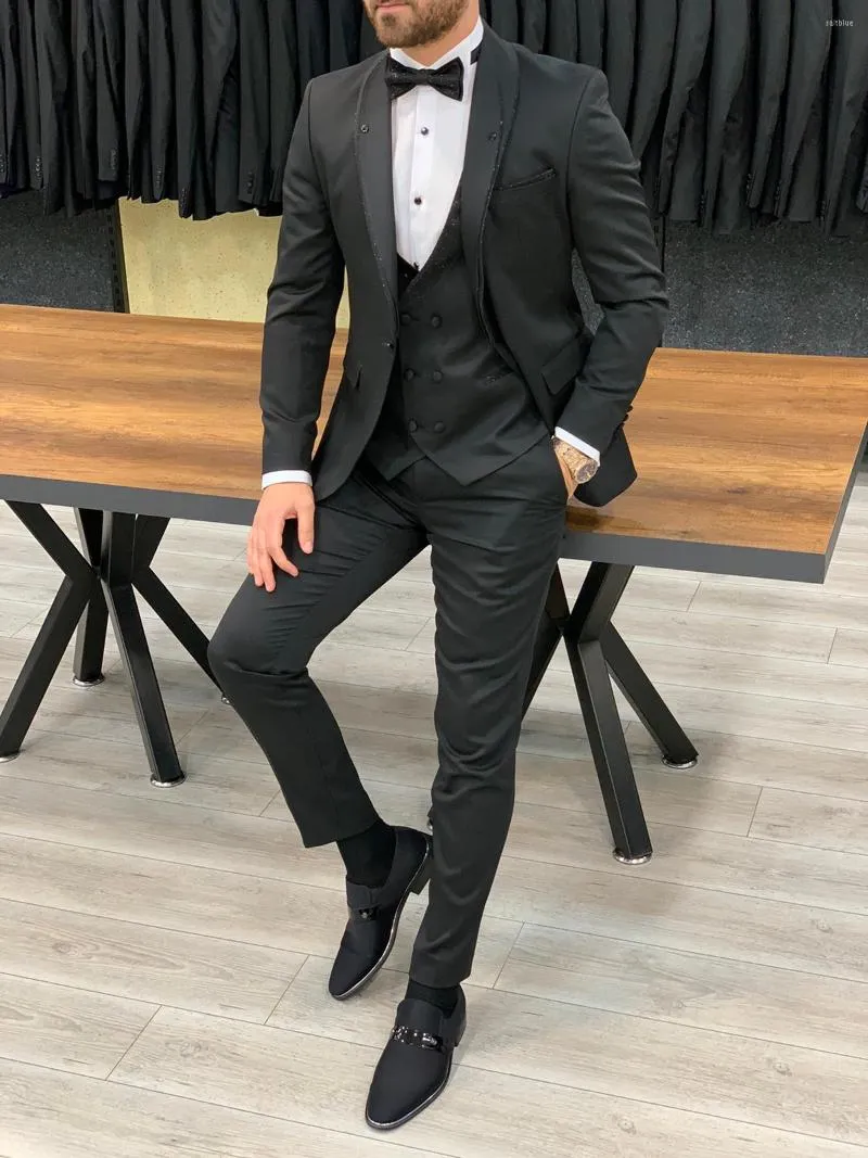 Abiti da uomo neri per uomini slim fit a 3 pezzi set da sposa formale da ballo da sposa maschio Blazer per feste maschi (pantaloni giubbotti)