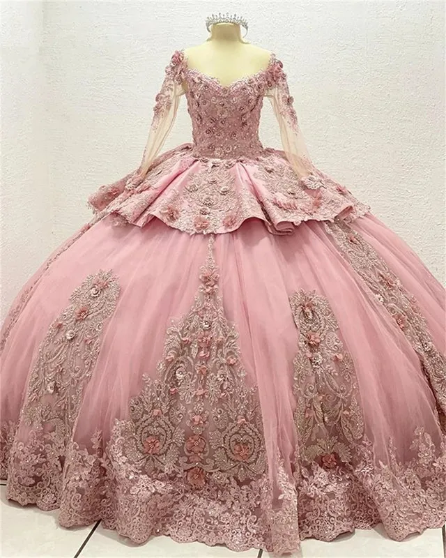 Roze lange mouw prinses Quinceanera-jurken 2023 Floral Applique Peplum veter corset prom Vestidos Rosas Para Quinceaneras