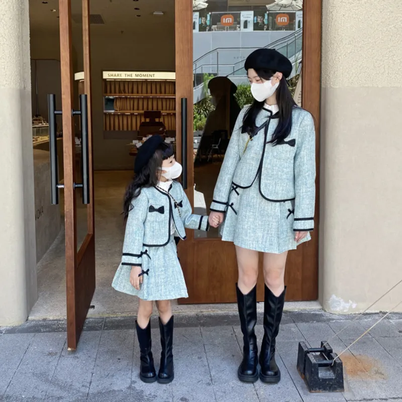 家族マッチ服と同じお母さんの娘服幼児の女の子の高級デザイナー二枚のピーススカートセット女性ブティックツイード衣装マザーベビー服スーツ230316