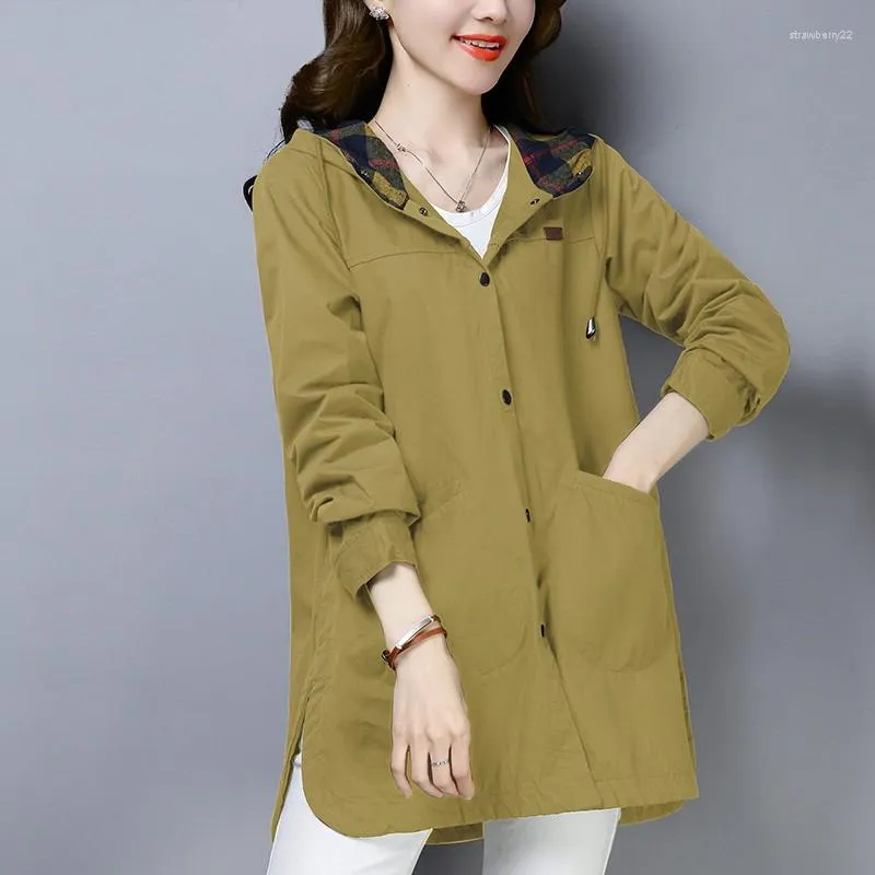 Women's Down Female Windbreaker Mid-length 2023 Spring Autumn Fashion Slim Cotton Hooded Outwear Tops Thin Casual Pocket Mother Trench Coats