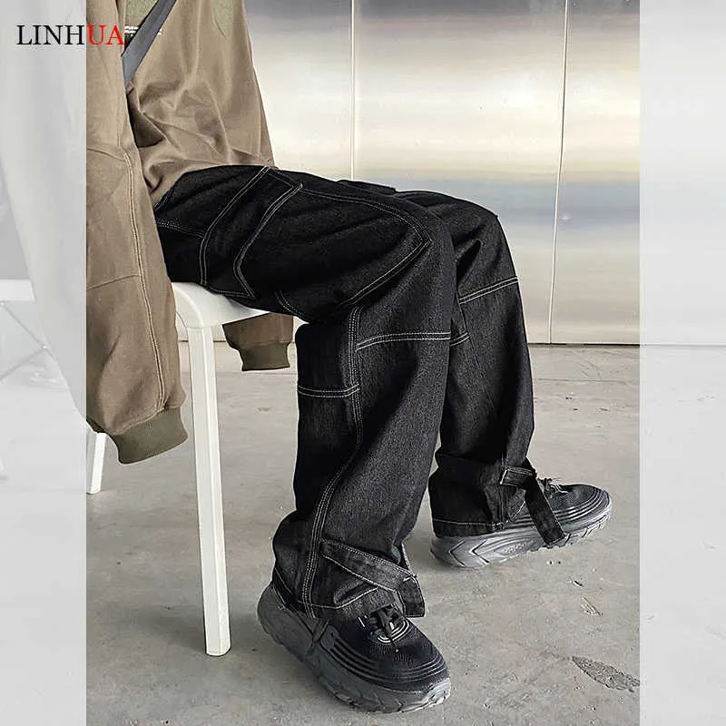LINHUA Mens Wide Leg Cargo Jeans, 2022 Spring Hip Hop LINHUA Mens Wide Leg Cargo Jeans, 2022 Spring Hip Hop