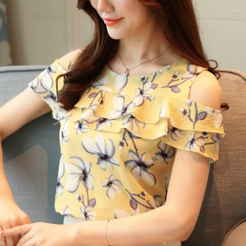 Kvinnors blusar Fashion Woman 2023 Short Sleeve Summer Tops Print Chiffon Blus Shirt Off Shoulder Women Bulus Feminina A248