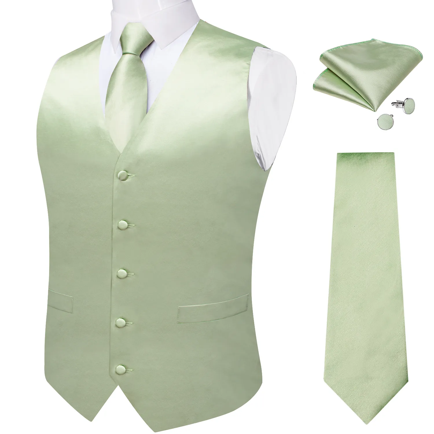 Gilet da uomo Verde salvia Abito in seta tinta unita Gilet per uomo Cravatta Fazzoletto Gemelli Festa di nozze Smoking formale Giacca maschile Gilet 230316