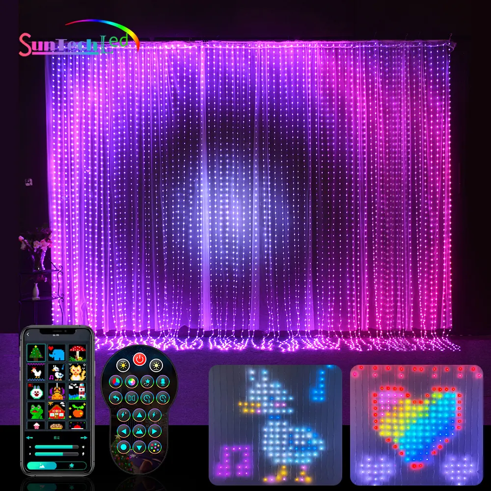 スマートイルミネーションウィンドウカーテンストリングライトカラー変化の妖精のアプリコントロールされたクリスマスウェディングベッドルー230316のためのLED RGB
