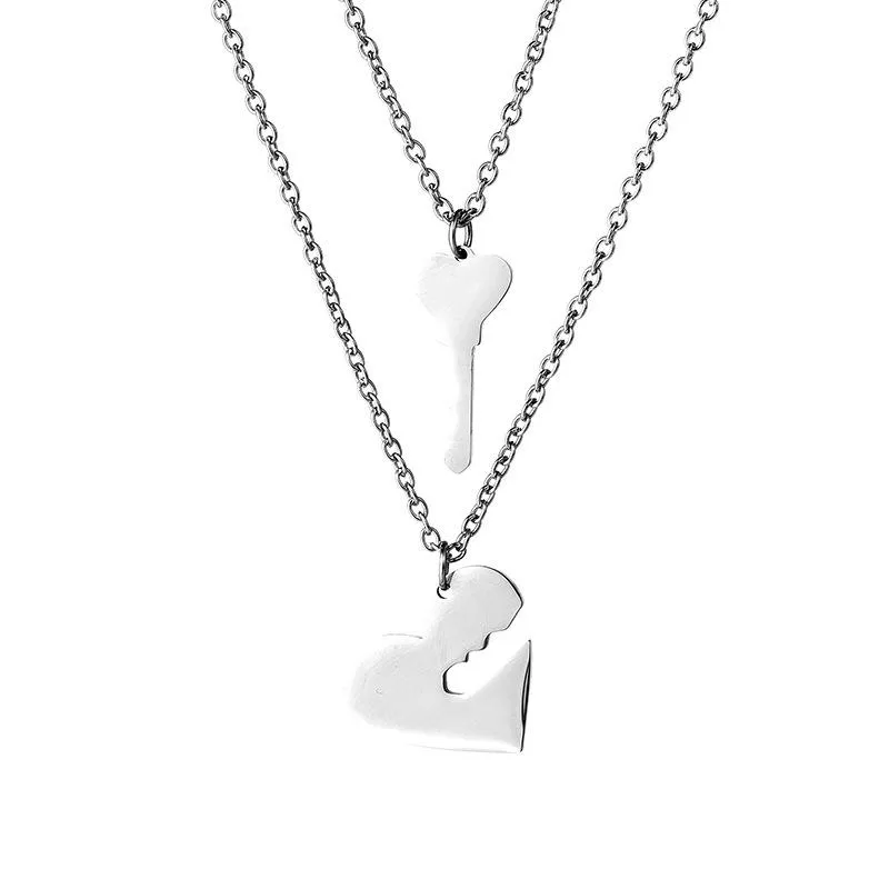 Pendant Necklaces European And American Fashion Couple Heart-shaped Stainless Steel Korean Key Necklace