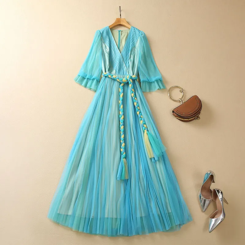 2023 Summer Blue Ruched Weave Belted Tulle Dress 3/4 Sleeve V-Neck Contrast Color Long Maxi Casual Dresses S3M160316 Plus Size XXL