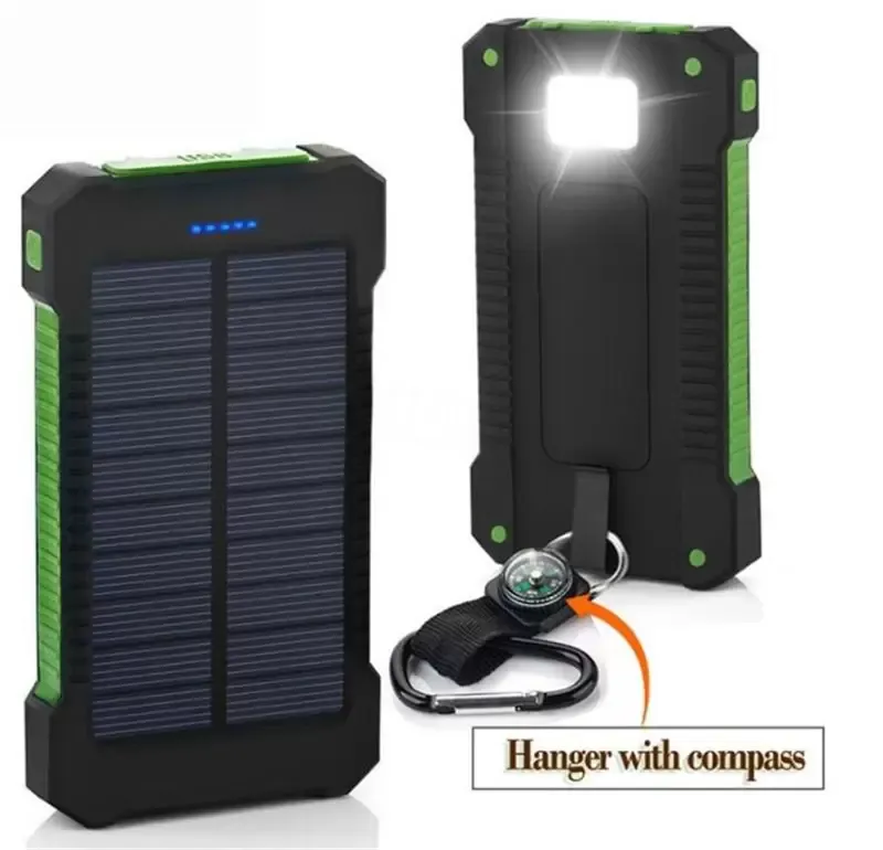 Cargador de banco de energía solar de 20000 mAh con linterna LED Brújula Lámpara de camping Panel de batería de doble cabezal Carga al aire libre a prueba de agua Teléfono celular