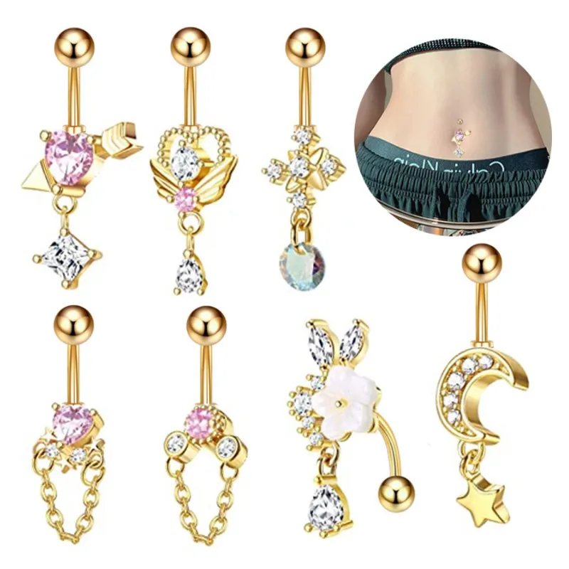 14G Zircon Belly -knappar Rings Body Piercing Smycken 316L Rostfritt stål Hjärtblommandakan Ring