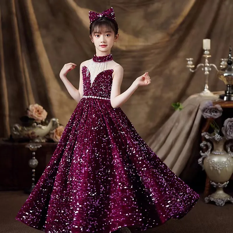 2023 Flower Girls Dress для свадебных ожерелья блестки с рукавов с плечами первое платье причастия детское платье для выпускного выпускного платья.